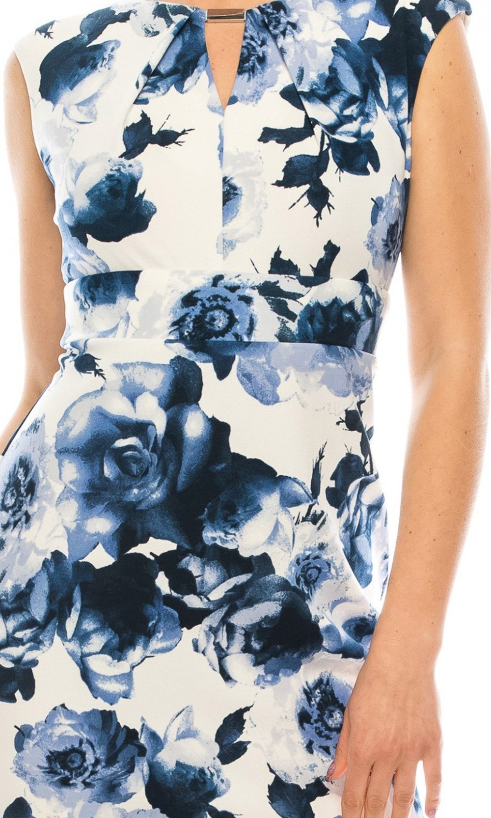 Gabby Skye - 19404M Cutout Neckline Floral Print Sheath Dress In White and Blue