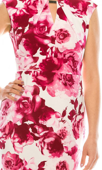 Gabby Skye - 19404M Cutout Neckline Floral Print Sheath Dress In White and Pink