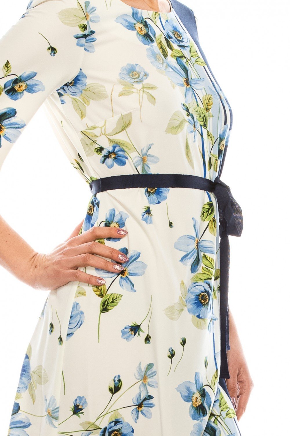 Gabby Skye - 19445M Quarter Length Sleeve Floral Dress In White and Blue