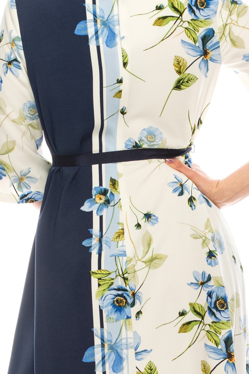Gabby Skye - 19445M Quarter Length Sleeve Floral Dress In White and Blue