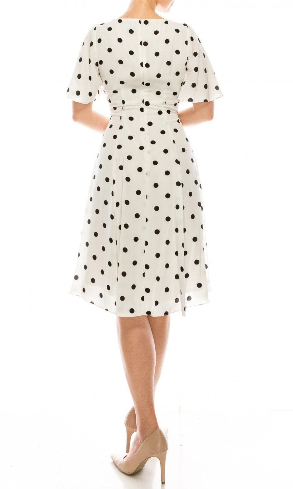 Gabby Skye - 19463M Flounce Sleeve Polka Dot A-Line Dress In White and Black