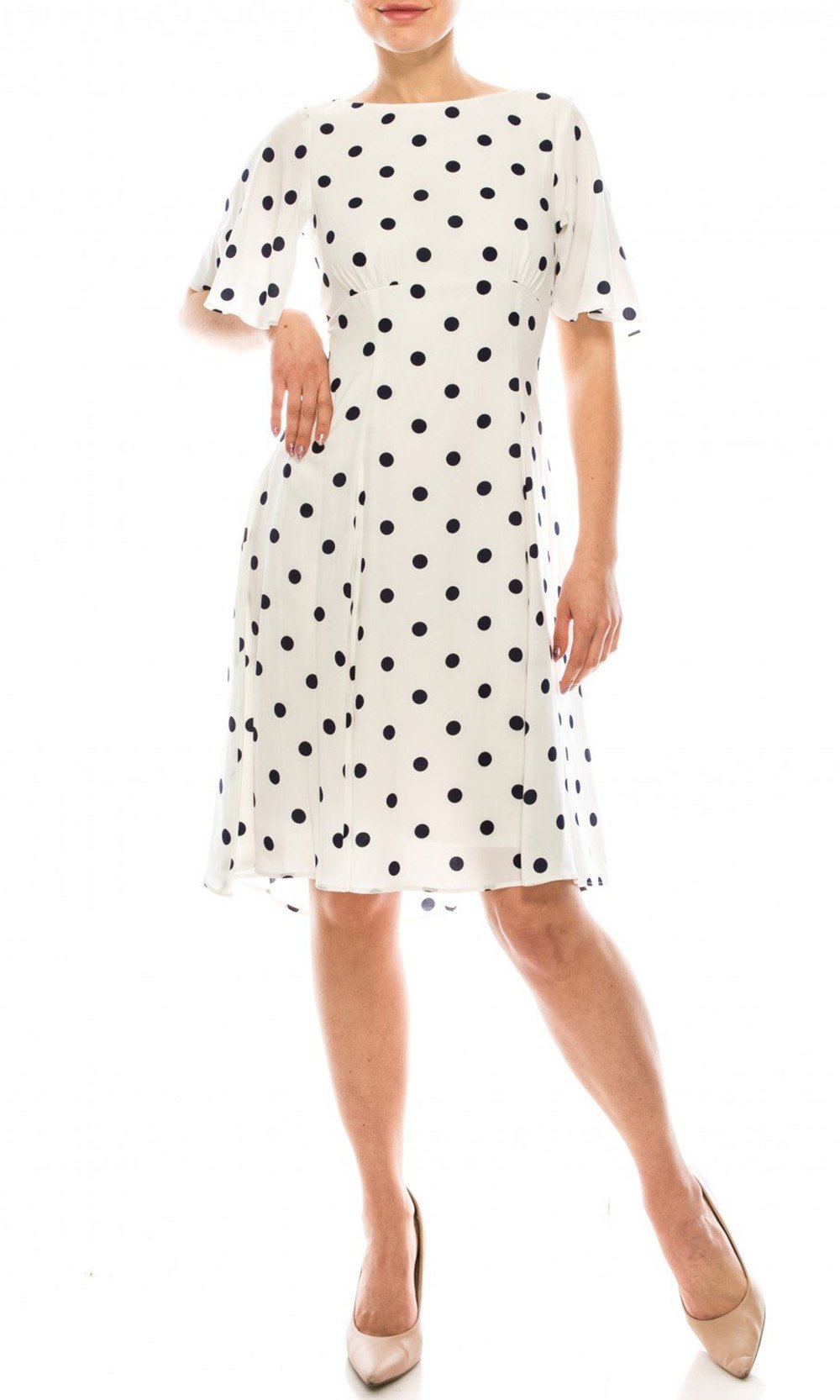Gabby Skye - 19463M Flounce Sleeve Polka Dot A-Line Dress In White and Blue