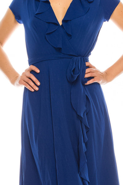 Gabby Skye - 56839MG Short Sleeve Metallic Pinstriped Faux Wrap Dress In Blue