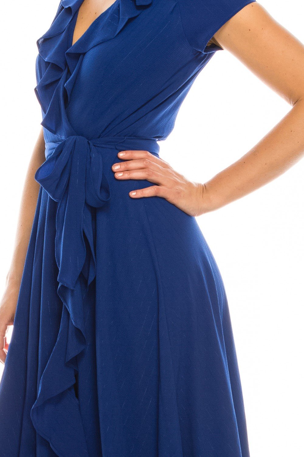 Gabby Skye - 56839MG Short Sleeve Metallic Pinstriped Faux Wrap Dress In Blue