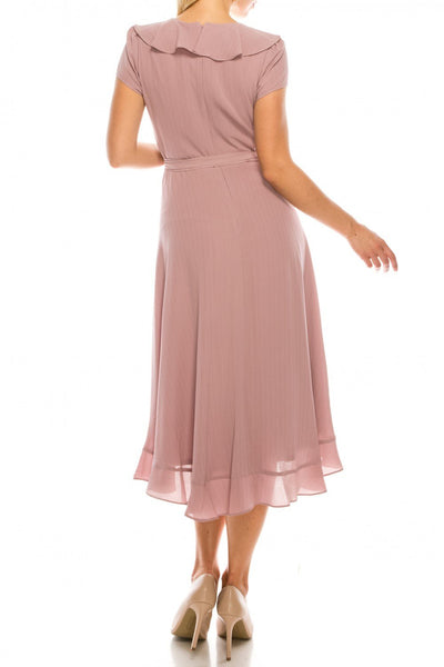Gabby Skye - 56839MG Short Sleeve Metallic Pinstriped Faux Wrap Dress In Pink