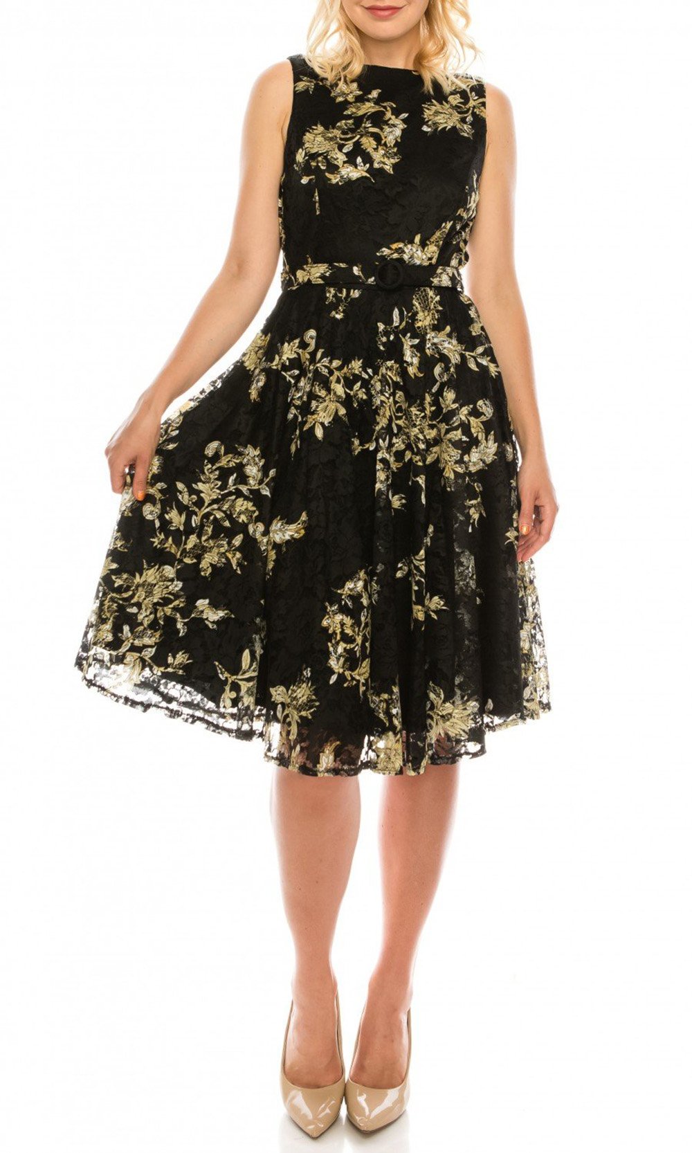 Gabby Skye - 57174MG Floral Filigree Printed Lace Dress In Black and Gold