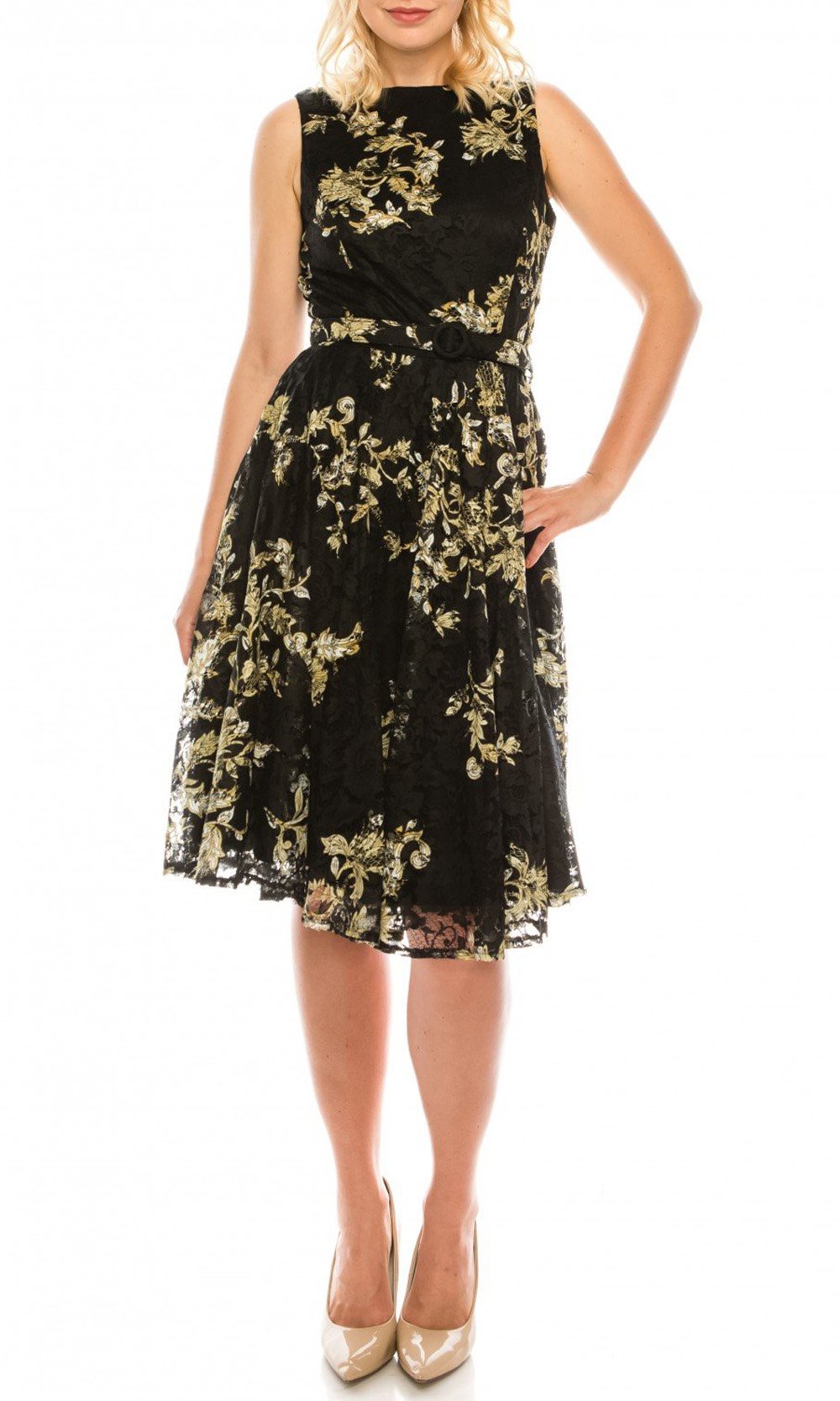 Gabby Skye - 57174MG Floral Filigree Printed Lace Dress In Black and Gold