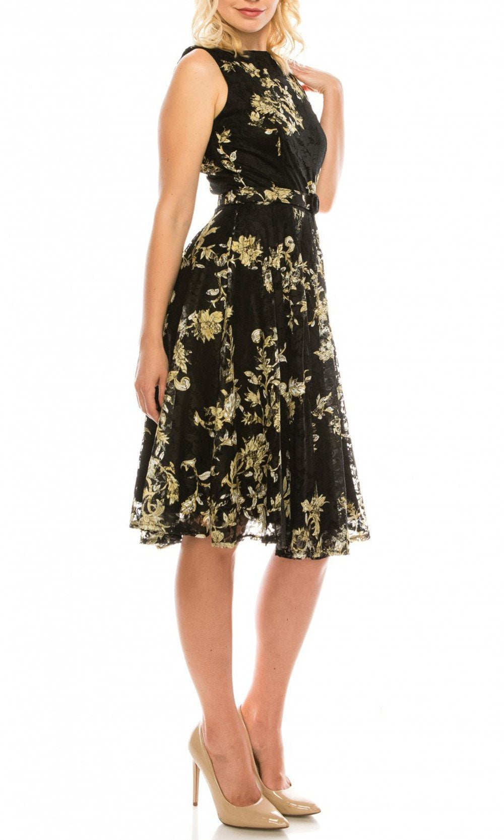 Gabby Skye - 57174MG Floral Filigree Printed Lace Dress In Black and Gold