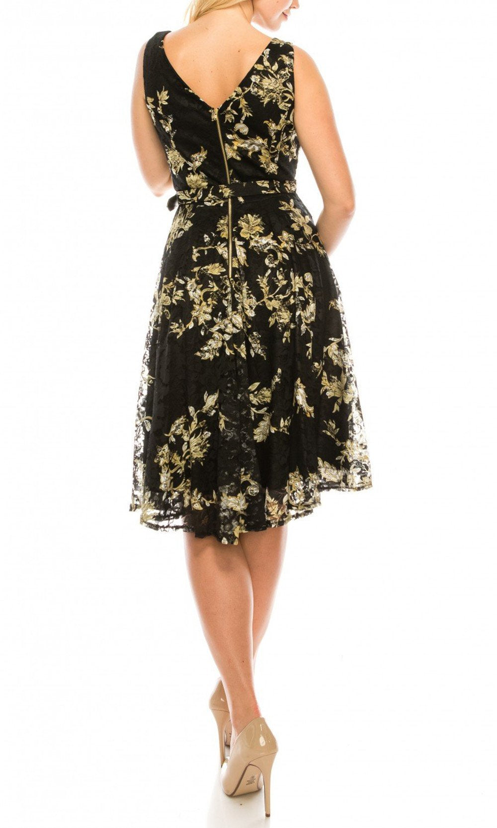Gabby Skye - 57174MG Floral Filigree Printed Lace Dress In Black and Gold