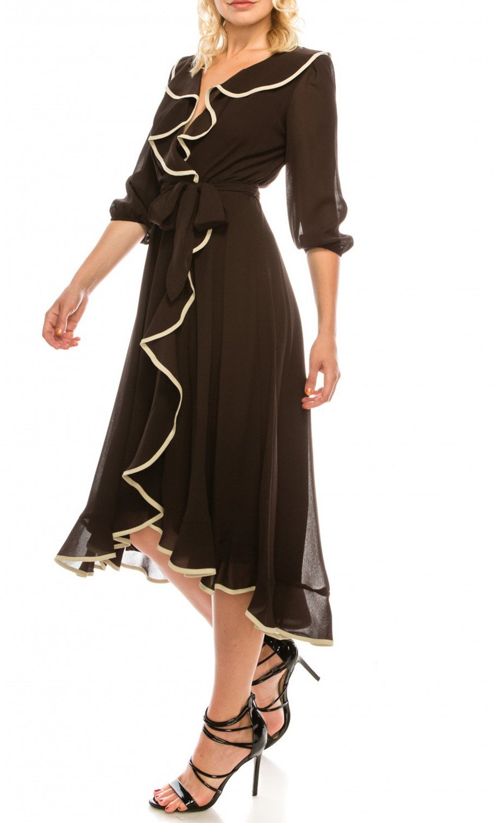 Gabby Skye - 57181MG Ruffle Contrast Trim A-Line Chiffon Dress In Brown
