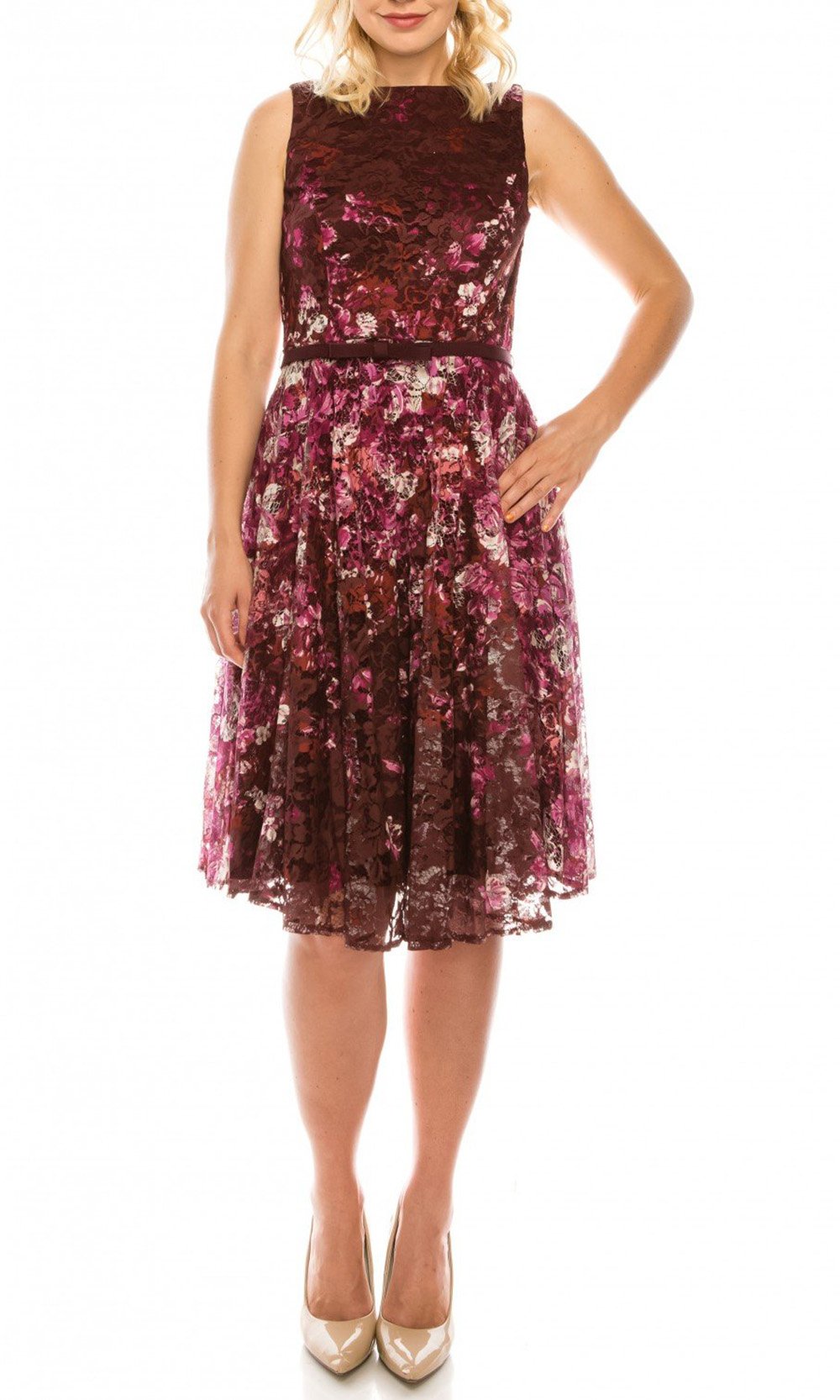 Gabby Skye - 57219MG Floral Lace Sleeveless Dress In Red
