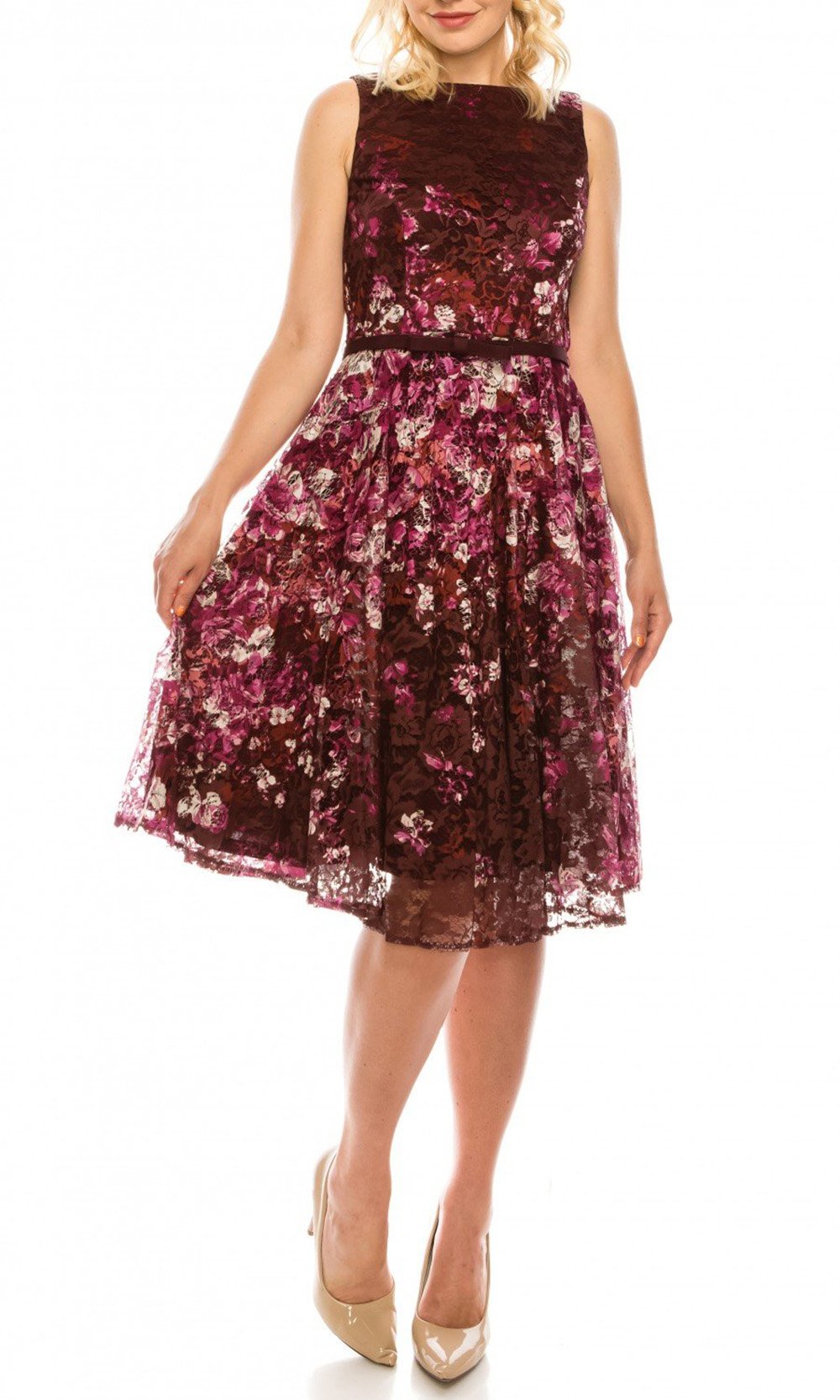 Gabby Skye - 57219MG Floral Lace Sleeveless Dress In Red