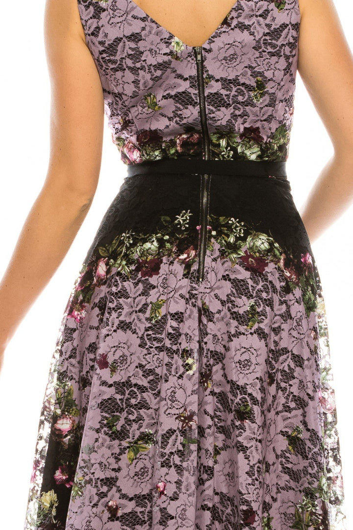 Gabby Skye 57369MG - Knee-Length A-Line Dress - Sleeveless, Symmetrical  Floral Printed Lace, Low V-Open Back, Back Zipper, Ribbon Sash Tie, Knee  Length Hem  ADASA