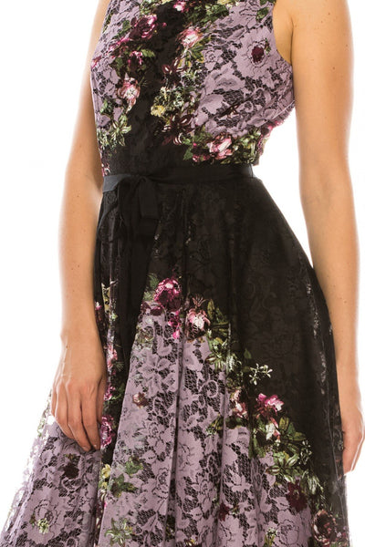 Gabby Skye - 57369MG Sleeveless Floral Print Lace A-Line Dress In Purple and Black