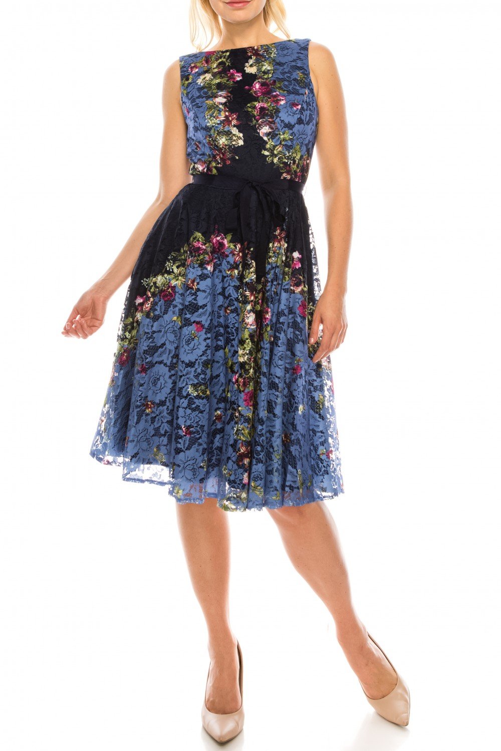 Gabby Skye - 57369MG Sleeveless Floral Print Lace A-Line Dress In Blue and Black