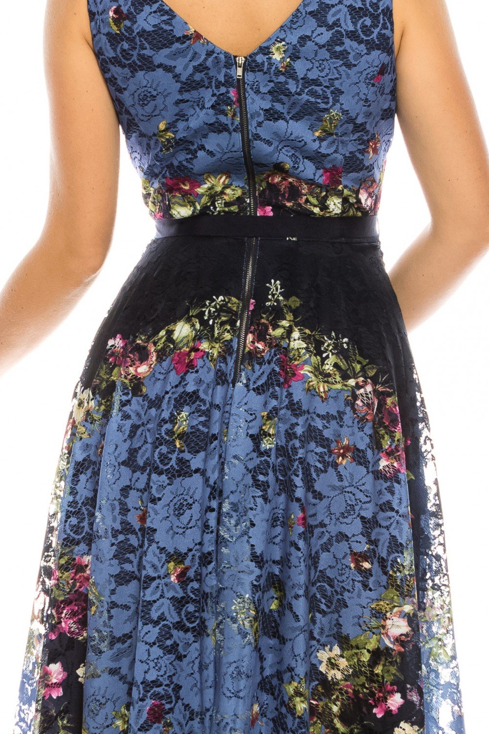 Gabby Skye - 57369MG Sleeveless Floral Print Lace A-Line Dress In Blue and Black