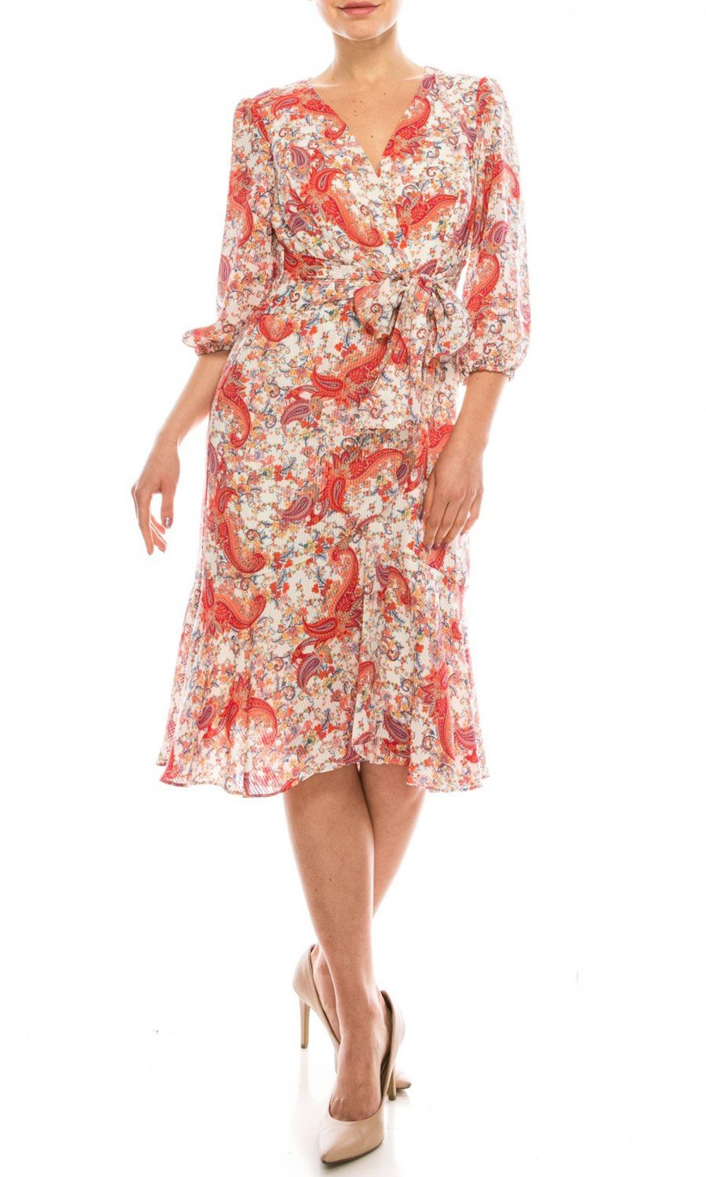 Gabby Skye - 57372MG Floral Paisley Printed Faux Wrap Dress In Pink and Multi-Color