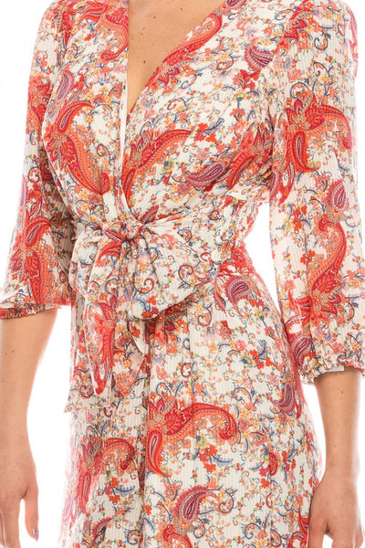 Gabby Skye - 57372MG Floral Paisley Printed Faux Wrap Dress In Pink and Multi-Color