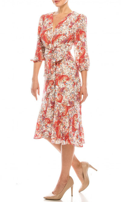 Gabby Skye - 57372MG Floral Paisley Printed Faux Wrap Dress In Pink and Multi-Color