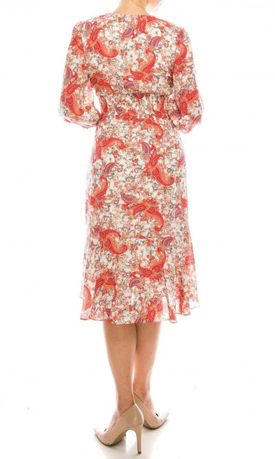 Gabby Skye - 57372MG Floral Paisley Printed Faux Wrap Dress In Pink and Multi-Color