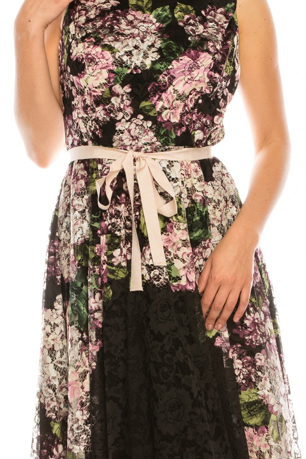 Gabby Skye - 57417MG Floral Print Lace Bateau A-line Dress In Black and Pink