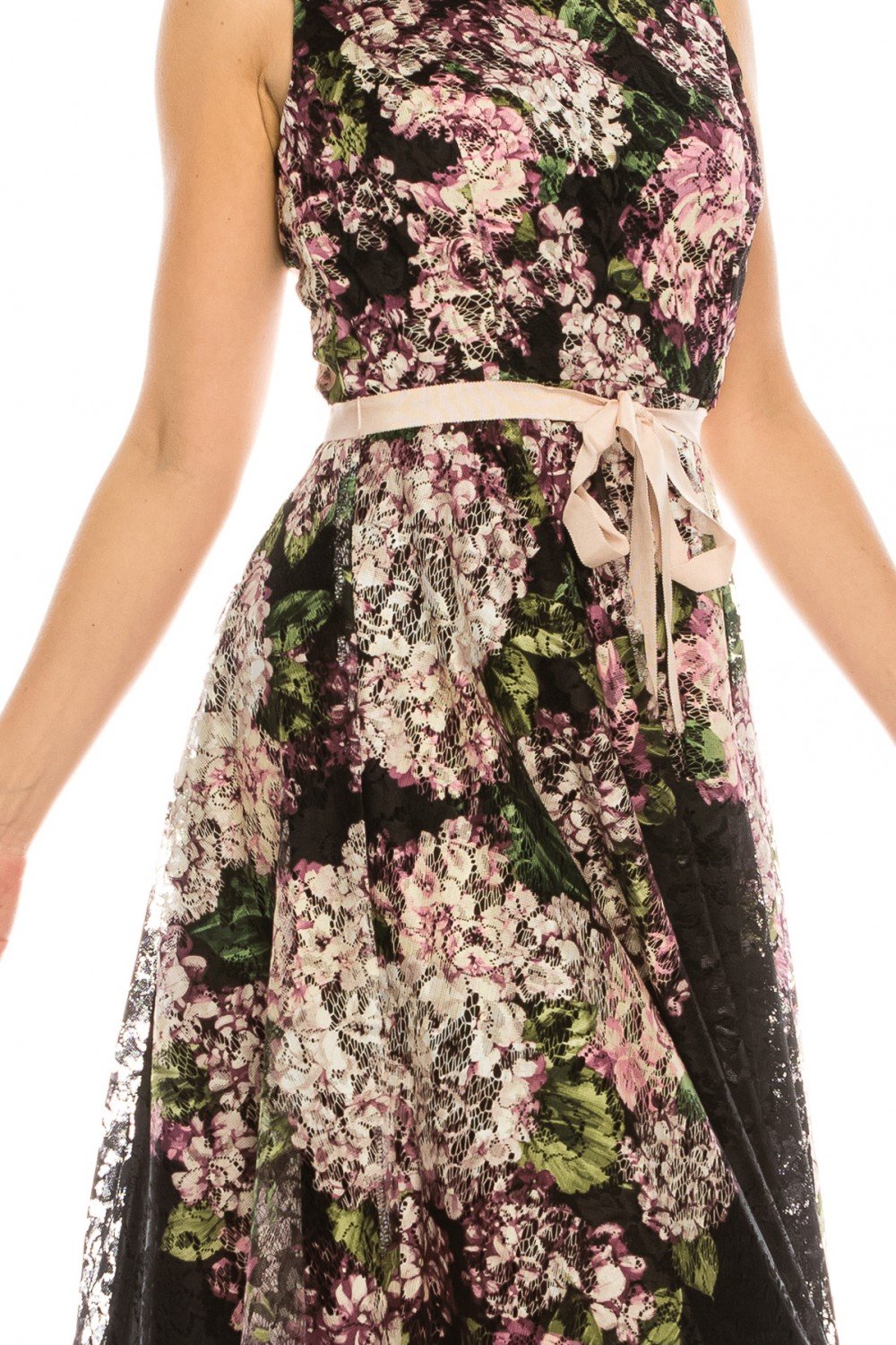 Gabby Skye - 57417MG Floral Print Lace Bateau A-line Dress In Black and Pink