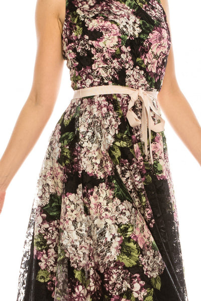 Gabby Skye - 57417MG Floral Print Lace Bateau A-line Dress In Black and Pink