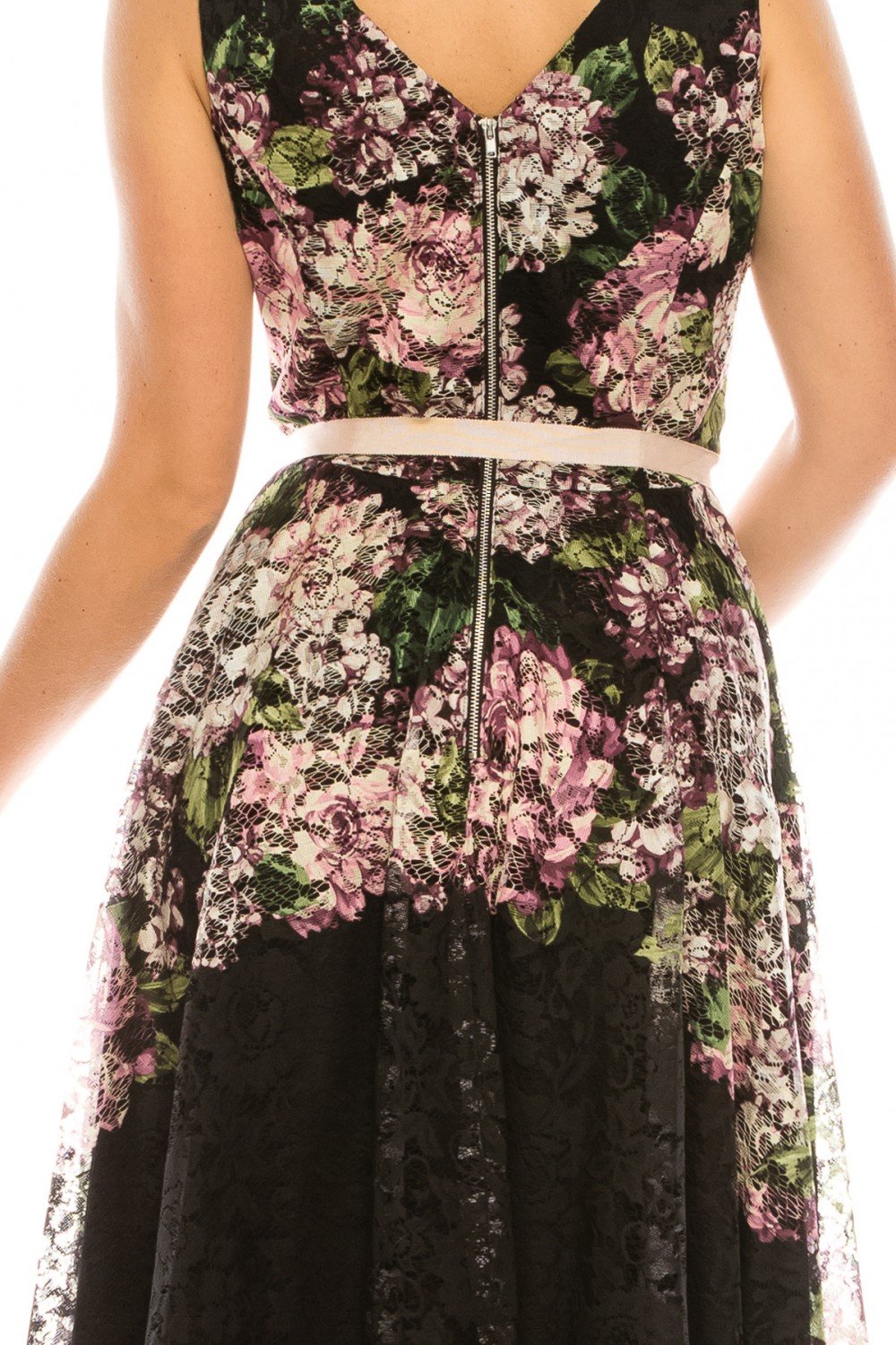 Gabby Skye - 57417MG Floral Print Lace Bateau A-line Dress In Black and Pink