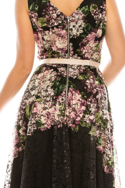Gabby Skye - 57417MG Floral Print Lace Bateau A-line Dress In Black and Pink