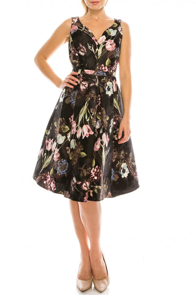Gabby Skye - 57453MG Floral Print V-neck A-line Cocktail Dress In Black and Pink