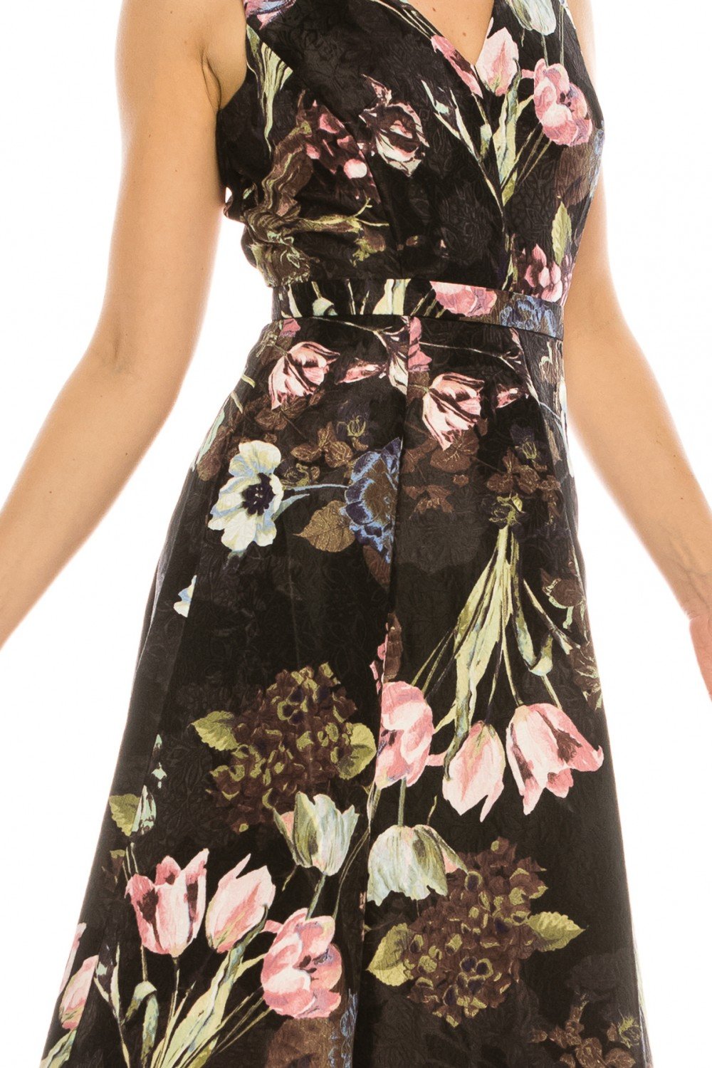 Gabby Skye - 57453MG Floral Print V-neck A-line Cocktail Dress In Black and Pink