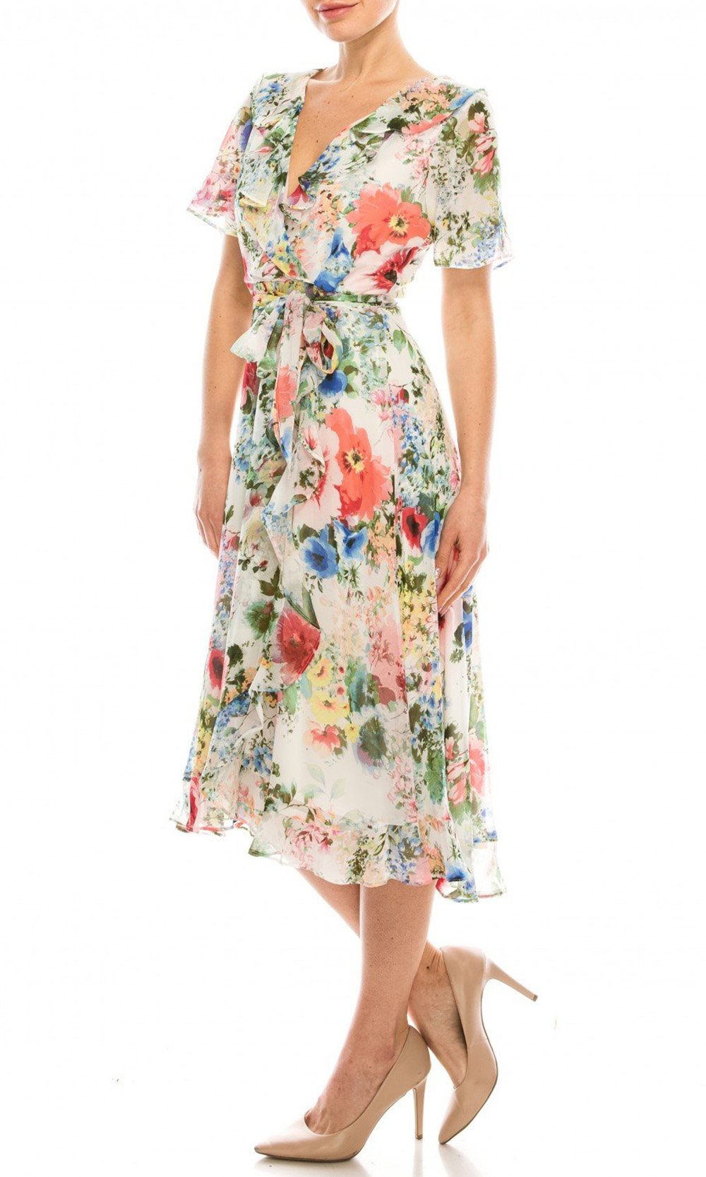 Gabby Skye - 57524MG Floral Faux Wrap Dress In Multi-Color