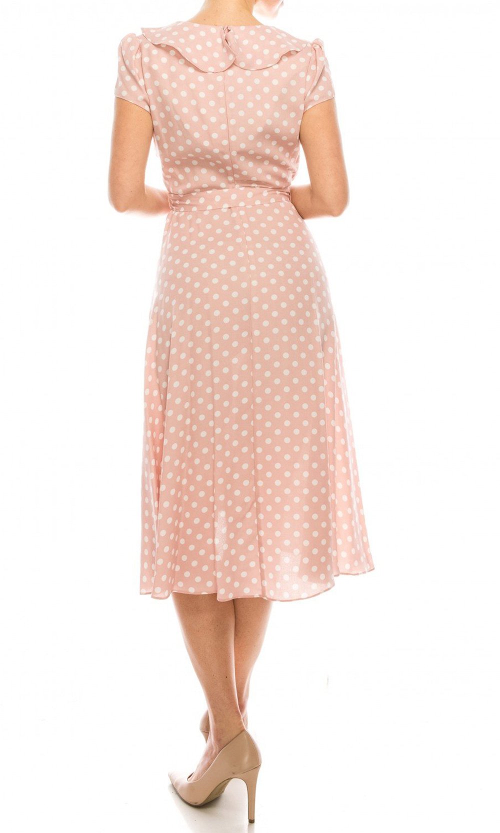 Gabby Skye - 57538MG Polka Dot Ruffle Neckline Faux Wrap Dress In Pink and White