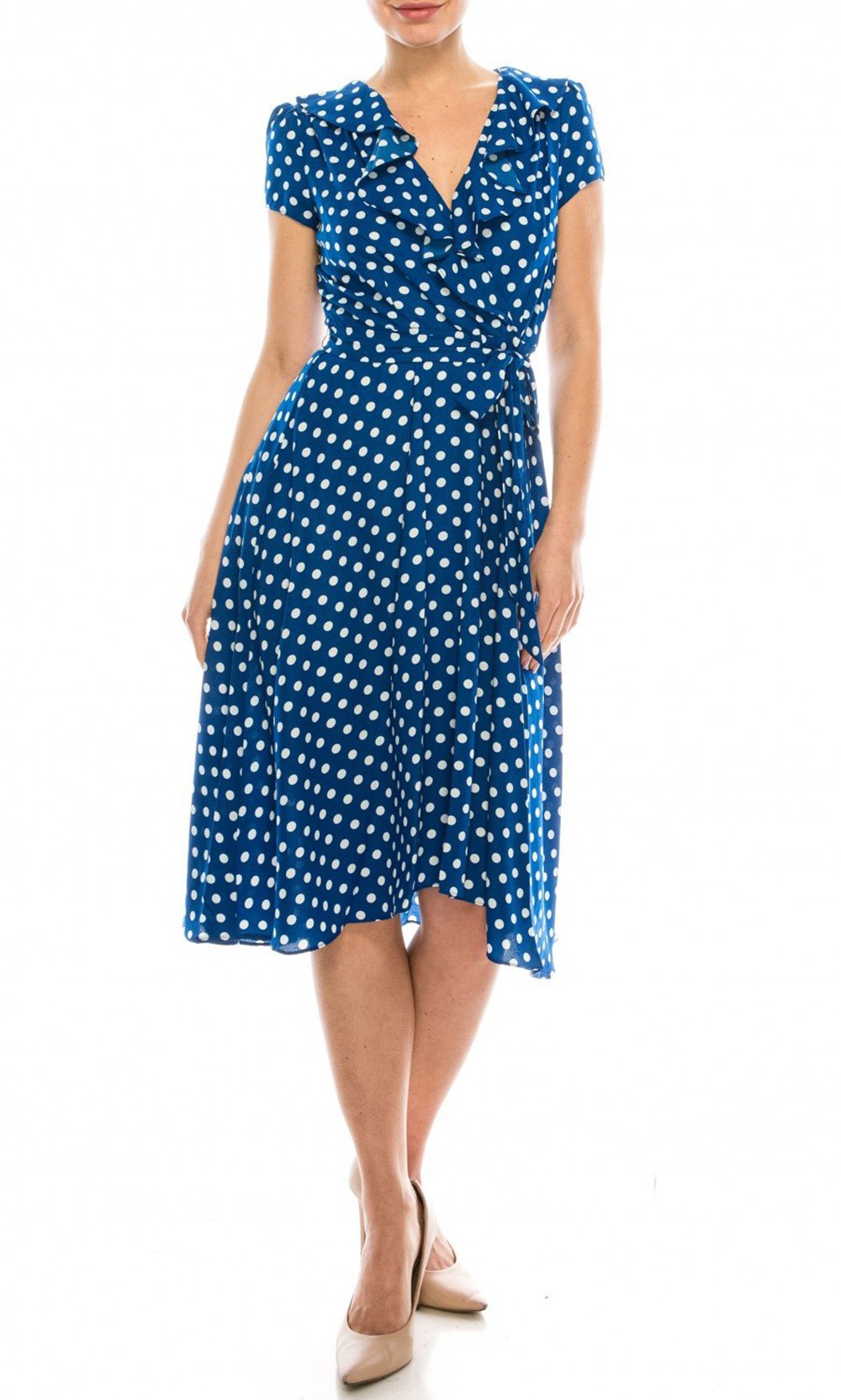 Gabby Skye - 57538MG Polka Dot Ruffle Neckline Faux Wrap Dress In Blue and White
