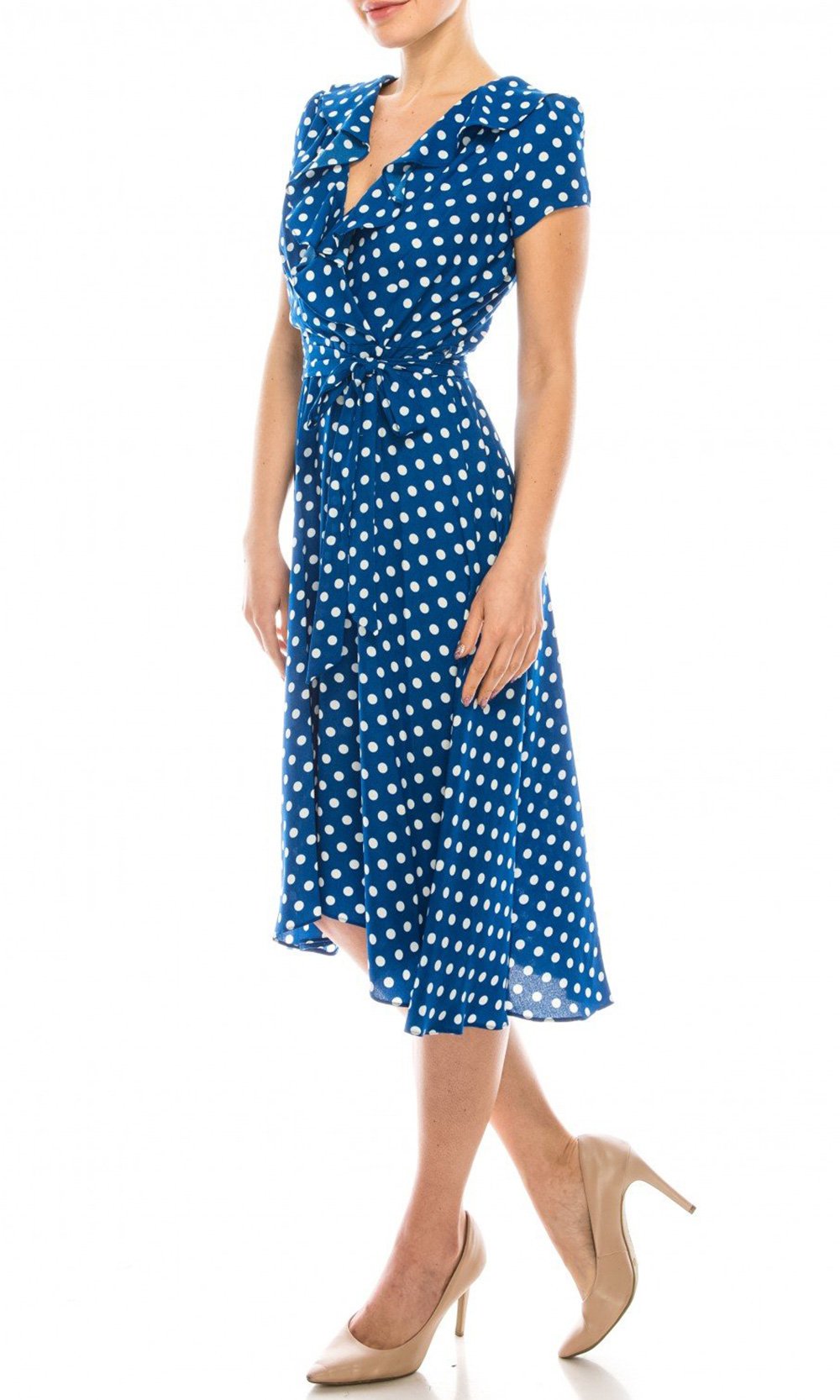 Gabby Skye - 57538MG Polka Dot Ruffle Neckline Faux Wrap Dress In Blue and White