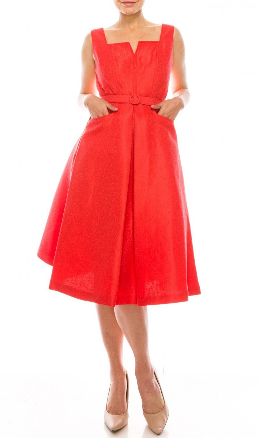 Gabby Skye - 57677MG Notched Square Neckline Jacquard Midi Dress In Orange