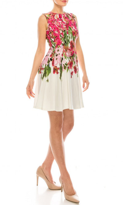 Gabby Skye - 57752MG Floral Print Jewel Neck Dress In White and Pink