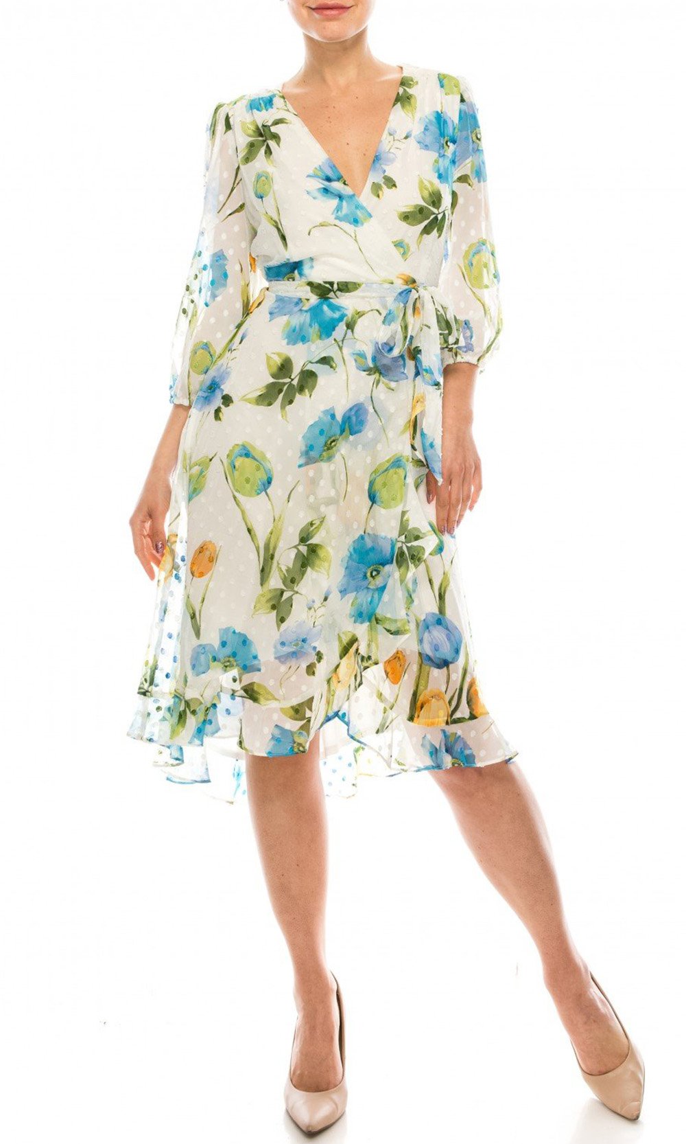 Gabby Skye - 91039MG Floral Chiffon Ruffled Hem Dress In White and Floral