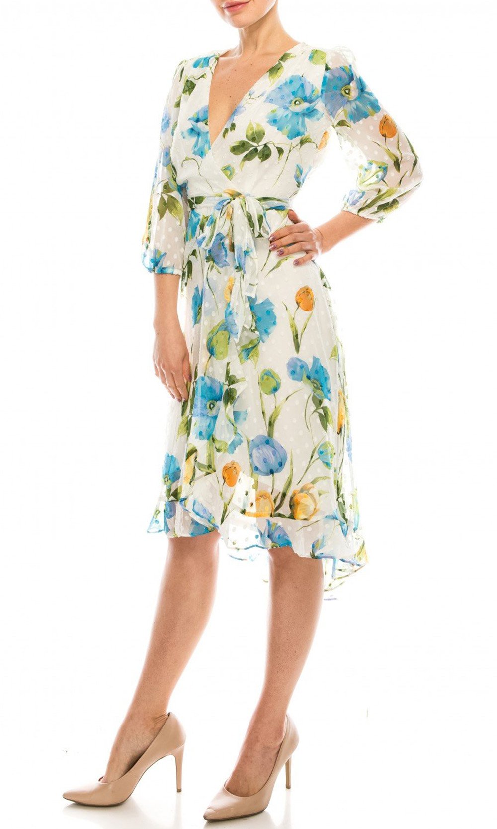 Gabby Skye - 91039MG Floral Chiffon Ruffled Hem Dress In White and Floral