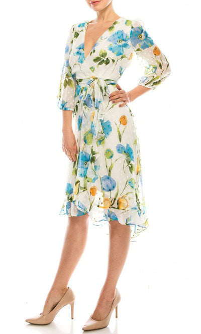 Gabby Skye - 91039MG Floral Chiffon Ruffled Hem Dress In White and Floral