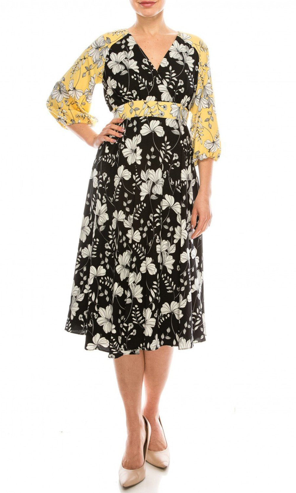Gabby Skye - 91196MG Quarter Sleeve Floral Color Block A-Line Dress In Yellow and Black