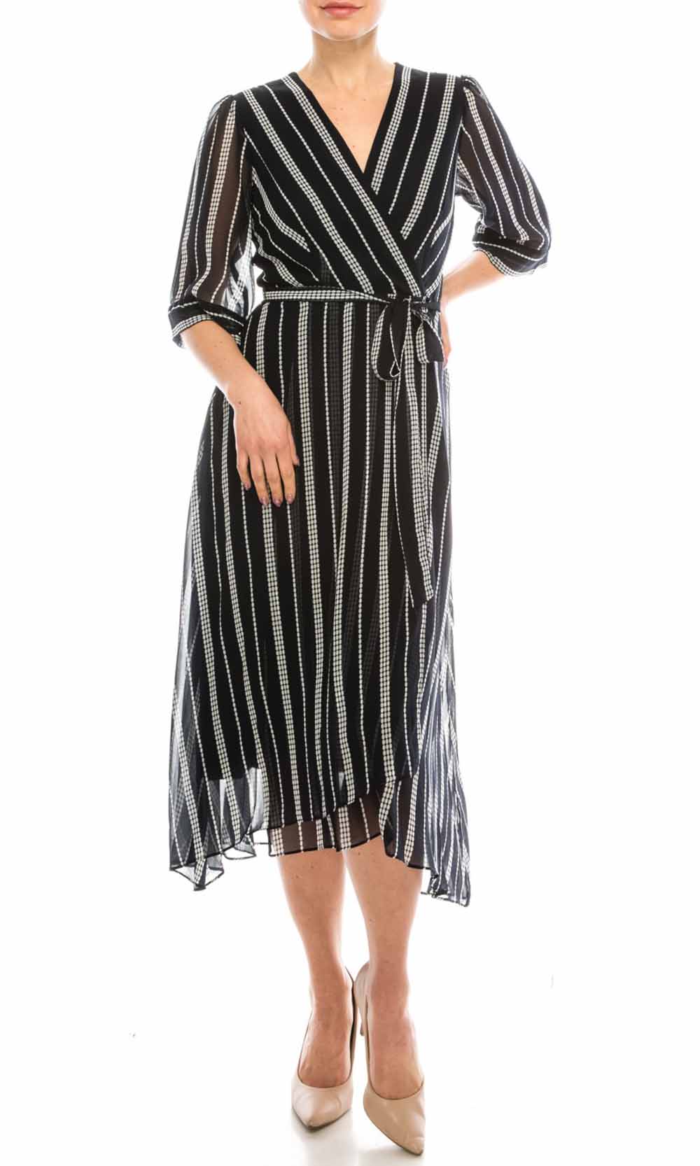 Gabby Skye - 95216MG Faux Wrap Style Stripe Chiffon Dress In Print