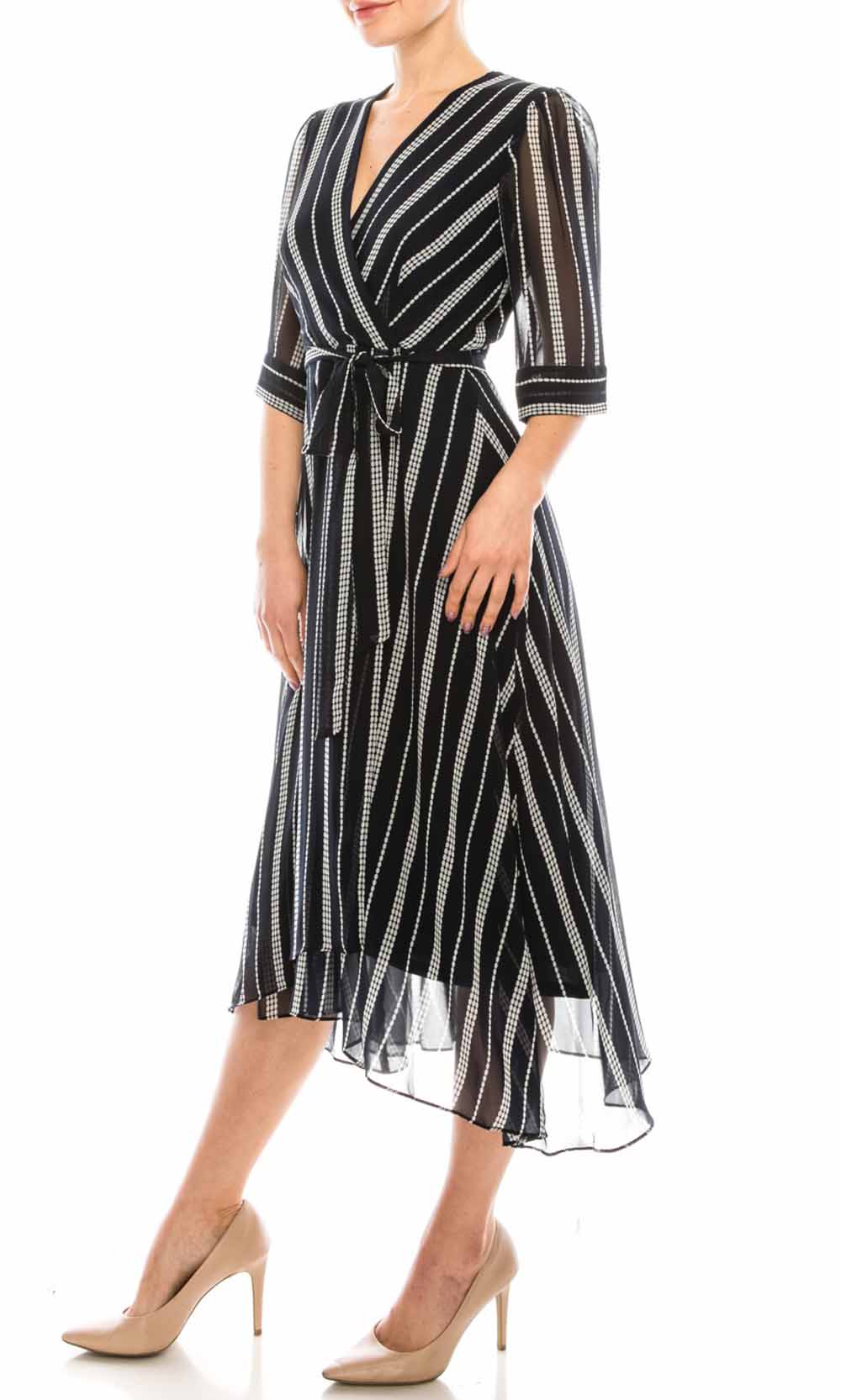 Gabby Skye - 95216MG Faux Wrap Style Stripe Chiffon Dress In Print