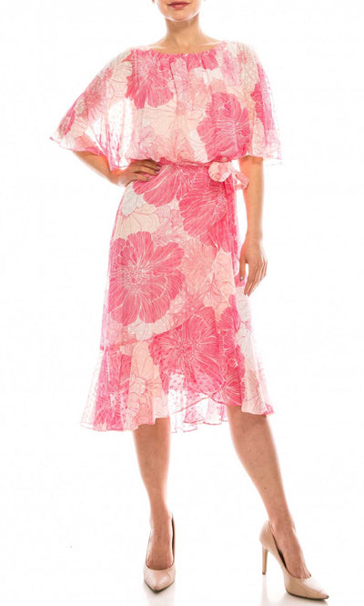 Gabby Skye - 95259MG Butterfly Sleeve Blouson Floral Chiffon Dress In Floral and Pink