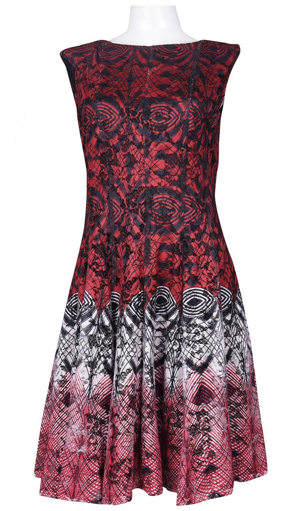 Gabby Skye - 56339MG Multi-Print Gradient Knit Lace A-Line Dress In Red and Multi-Color
