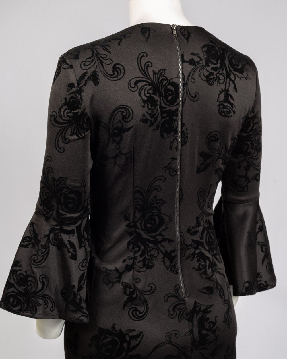 Gabby Skye - 18474M Floral Jacquard Bell Sleeve Seam Down Short Dress In Black