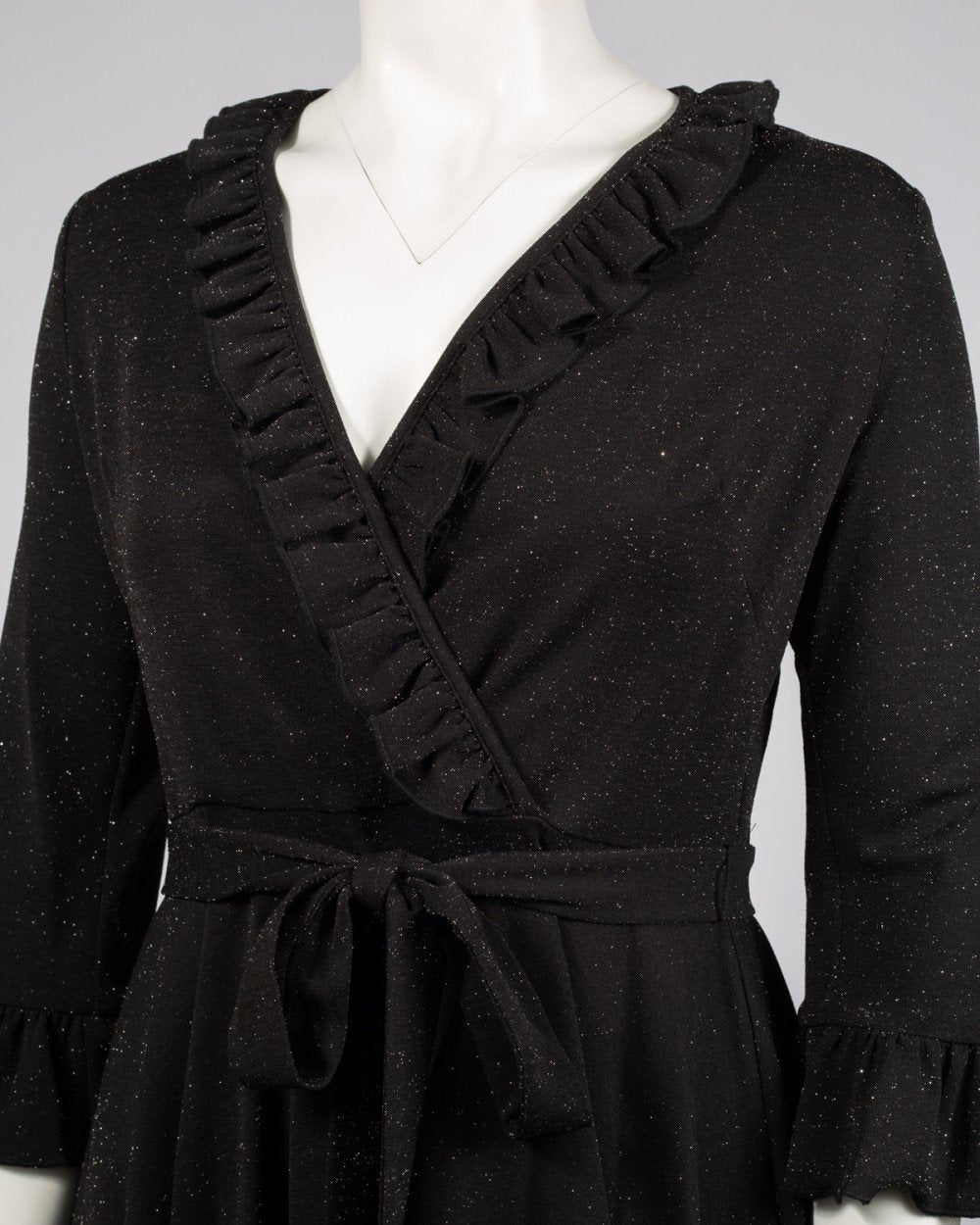 Gabby Skye - 56619MG Ruffled V-neck A-line Dress In Black and Silver