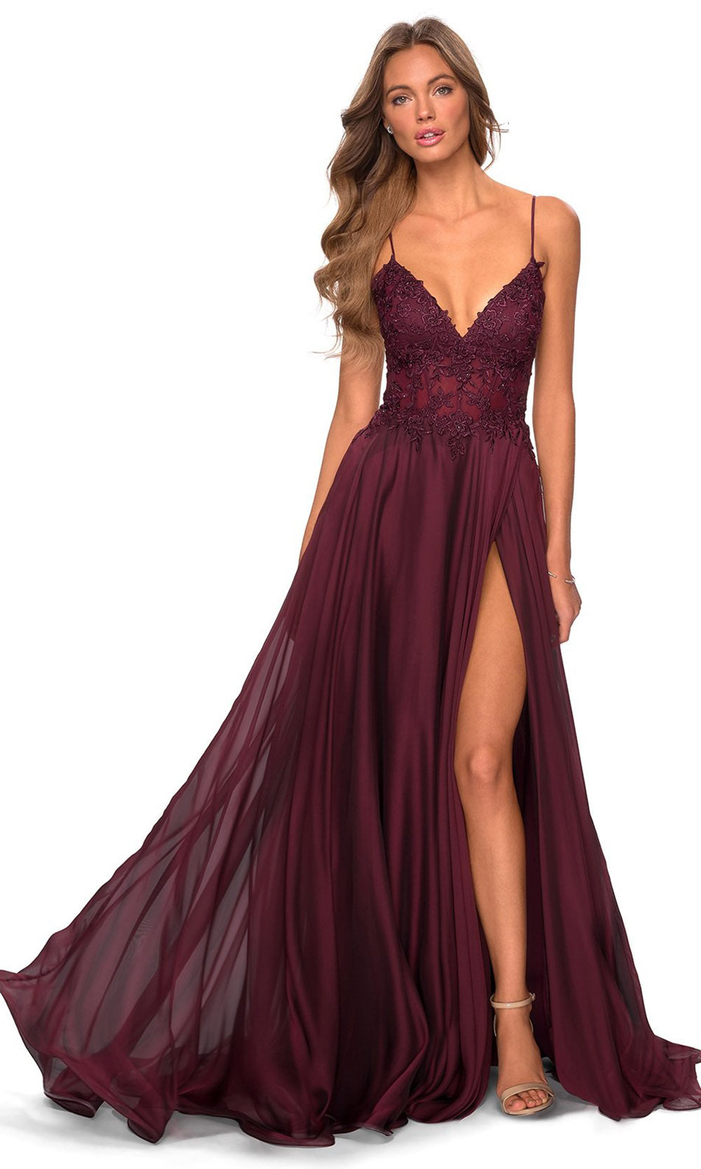 La Femme - 28543SC Deep V Neck Sleeveless Chiffon Slit Dress In Red