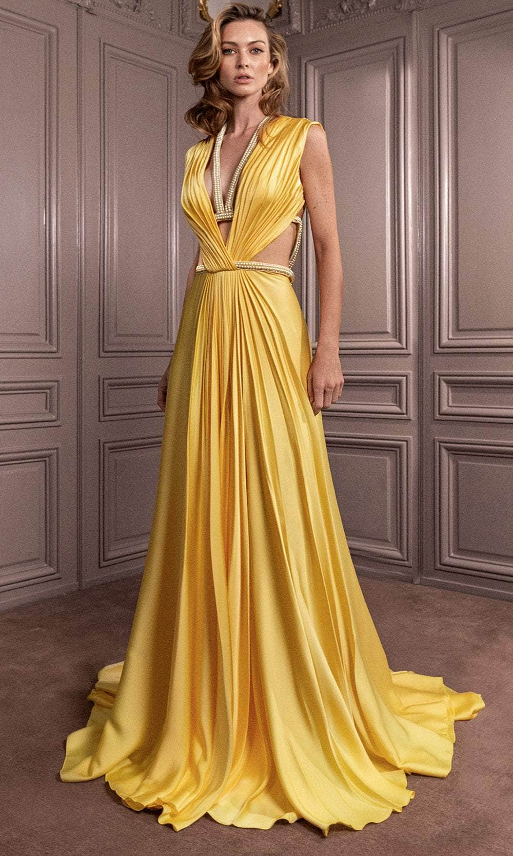 Gatti Nolli Couture GA-7045 - Ruched Plunge Evening Dress Evening Dresses 0 / Yellow