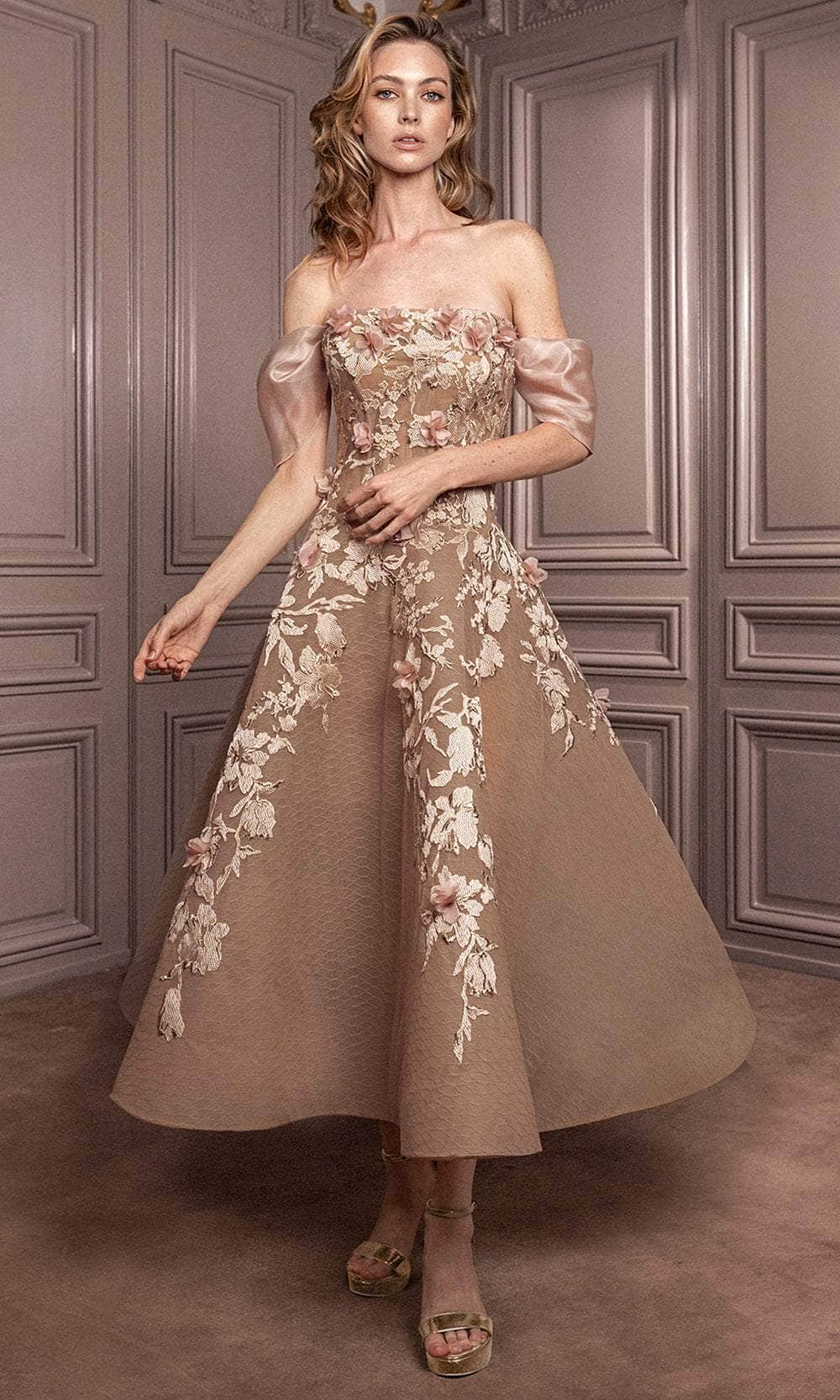 Gatti Nolli Couture GA-7079 - Floral Applique Cocktail Dress Cocktail Dresses 0 / Pink & Taupe